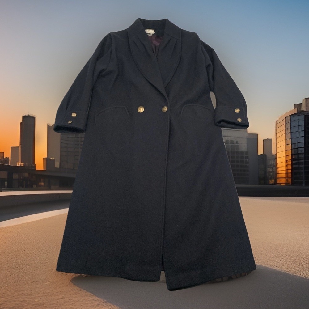 Vintage Double Breasted‎ Long Coat Wool Navy sz 14 Union Made USA Worthington
